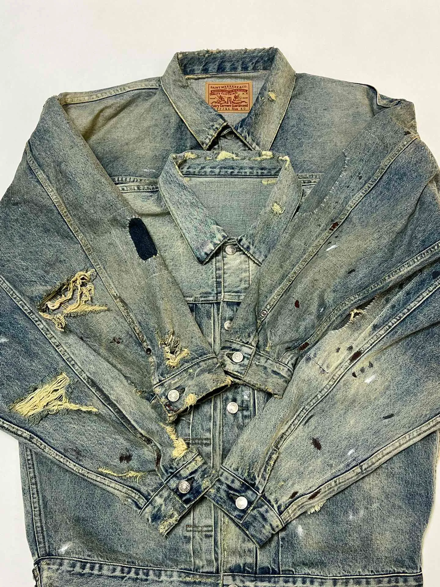Proofing VS ZP SAINT MICHAEL x BERBERJIN BJ_DENIM JACKET/DAMAGE/BLU Latest BBJ joint model destroyed distressed ripped denim jacket heavy wash water SM destroyed denim jacket washed water blue S-XL